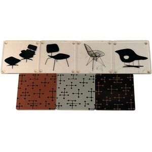 Vtg Set of 7 MCM Charles & Ray Eames Dot Pattern & Chair Art Acrylic Coasters